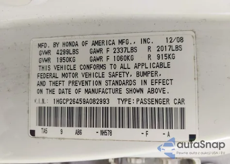 2009 Honda Accord 2.4 Lx-P z USA, uszkodzony, nr VIN 1HGCP26459A082993